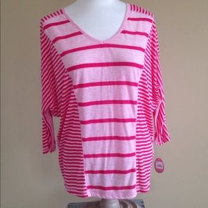 NEW Pink Asymmetrical Top Pullover Dolman Sleeve Color Block Stripe Womens SO Lg
